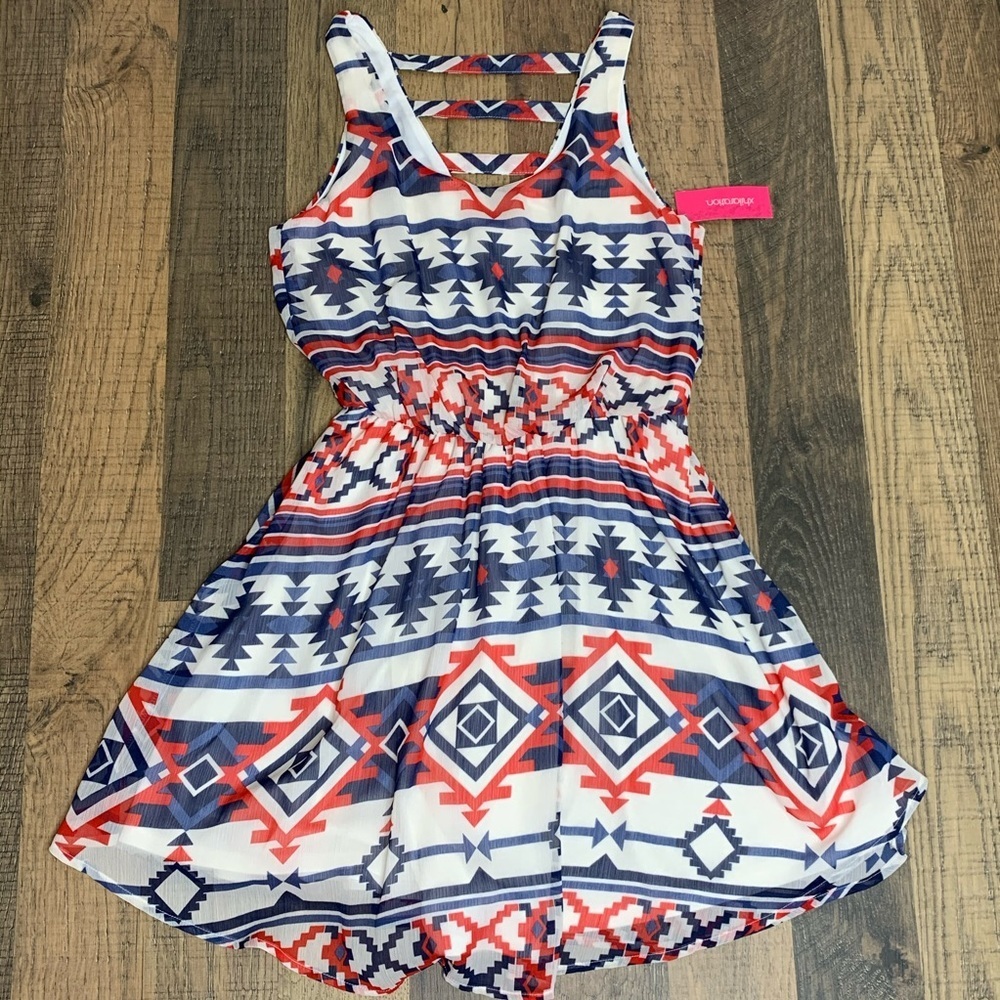 Xhilaration Red, Navy & White Aztec Print Sleeveless Dress